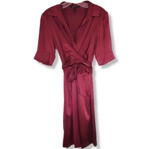 BCBGMAXAZRIA Silk Dress 6 Cranberry Mock Wrap Sash Knee Length